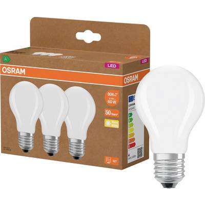 OSRAM LED-Glühbirne in Verpackung mit einer neben der Schachtel gezeigten Glühbirne, gekennzeichnet mit 806 Lumen, 8,3W, 60W-Äquivalent, Warmweiß, E27.