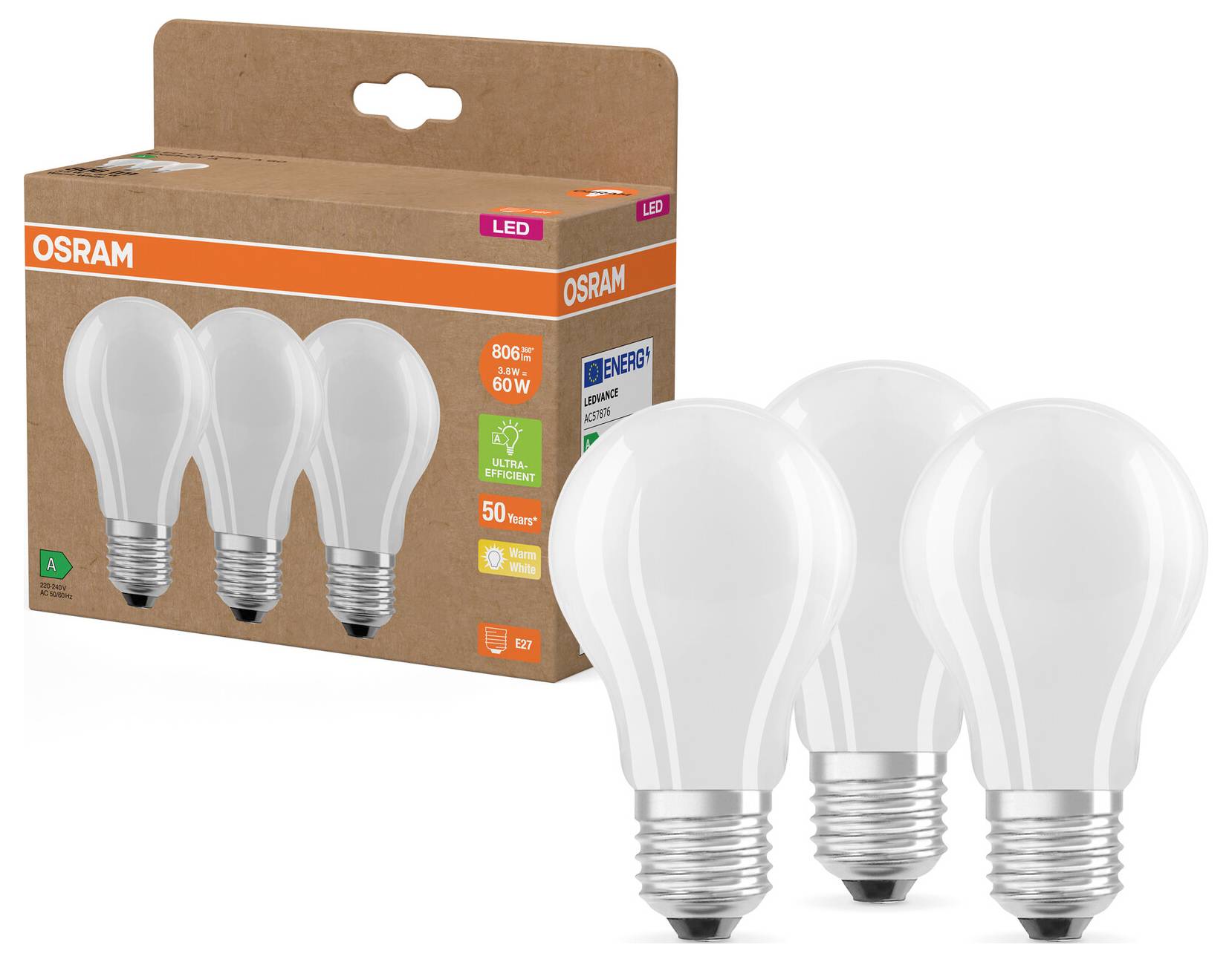 Eine OSRAM-Verpackung mit drei LED-Glühbirnen, 806 Lumen, 60W, Energieklasse A+, ‚50 Jahre‘ Lebensdauer, warmweißes Licht.