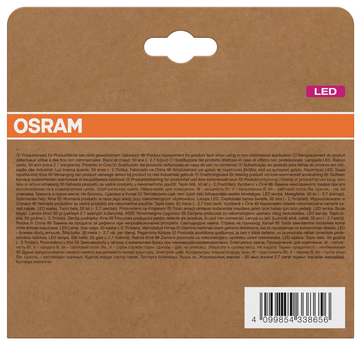 OSRAM LED-Glühbirne in Einzelhandelspakete aus braunem Karton mit orangefarbigem Branding, kleinem "LED"-Etikett und Barcode.