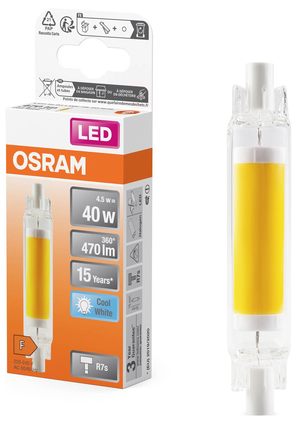 Eine OSRAM LED Lampe, 4,5 W, entspricht 40 W, 470 Lumen, 360 Grad Abstrahlwinkel, Lebensdauer 15 Jahre, kühles Weiß, R7s Sockel. Verpackung zeigt Spezifikationen.