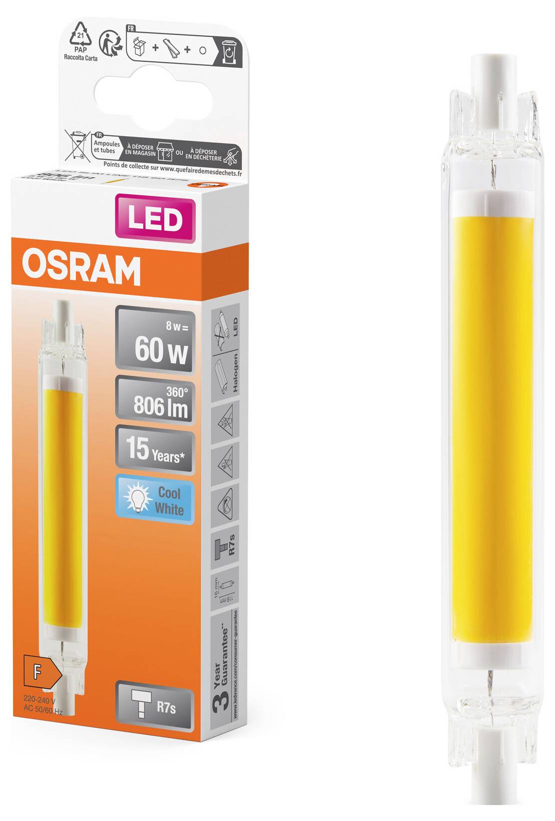 Eine LED-Lampe der Marke OSRAM, 8 Watt, 806 Lumen, 'kaltweiß', mit einer Lebensdauer von 15 Jahren, verpackt in einer orangefarbenen Box.