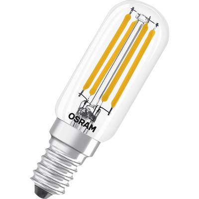 Eine LED-Glühbirne der Marke Osram mit sichtbaren Filamenten und E14-Sockel.