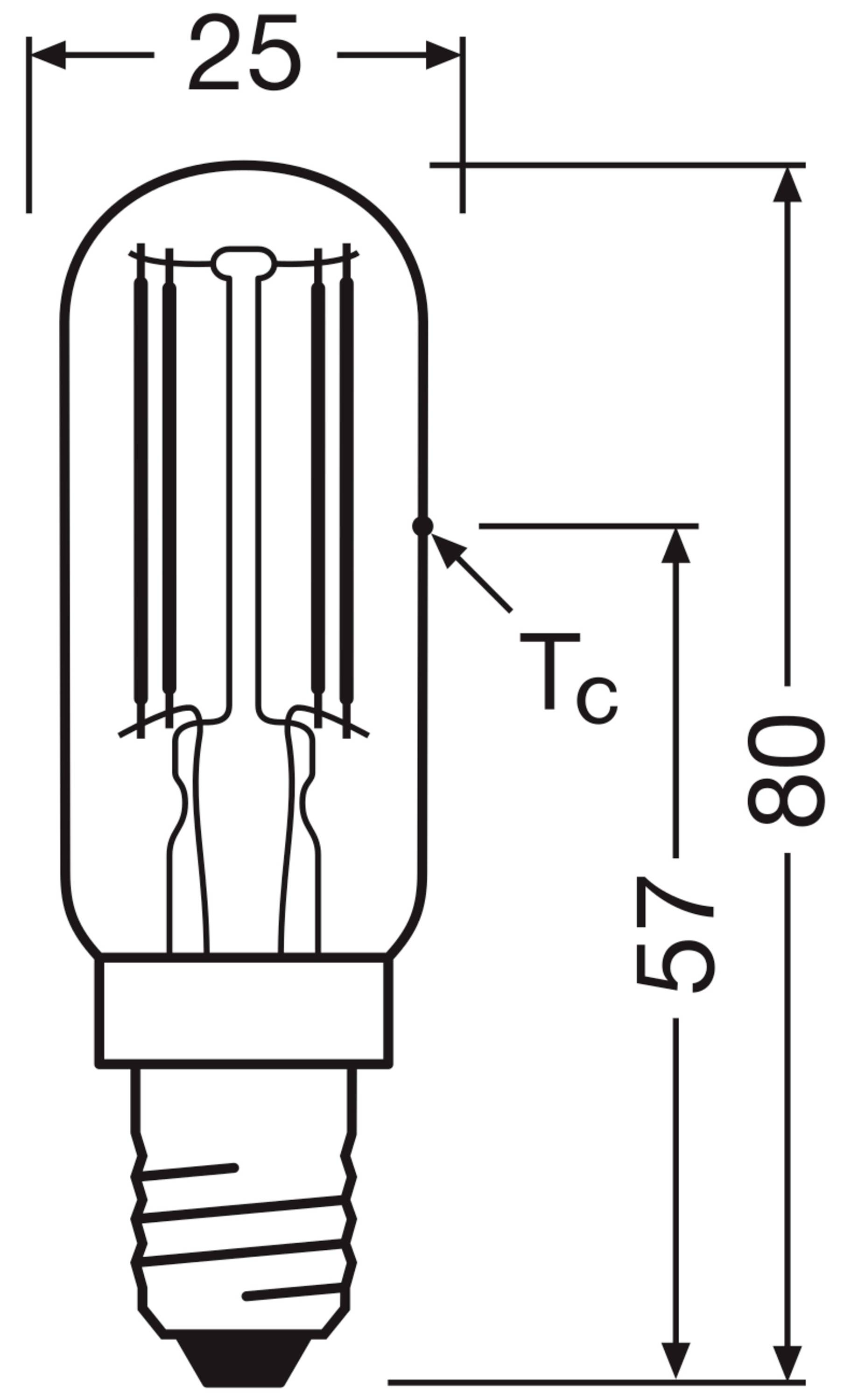 Eine technische Zeichnung einer Glühbirne mit den Maßen: Gesamtlänge 80 mm, Durchmesser 25 mm, und eine spezifische Länge von 57 mm.