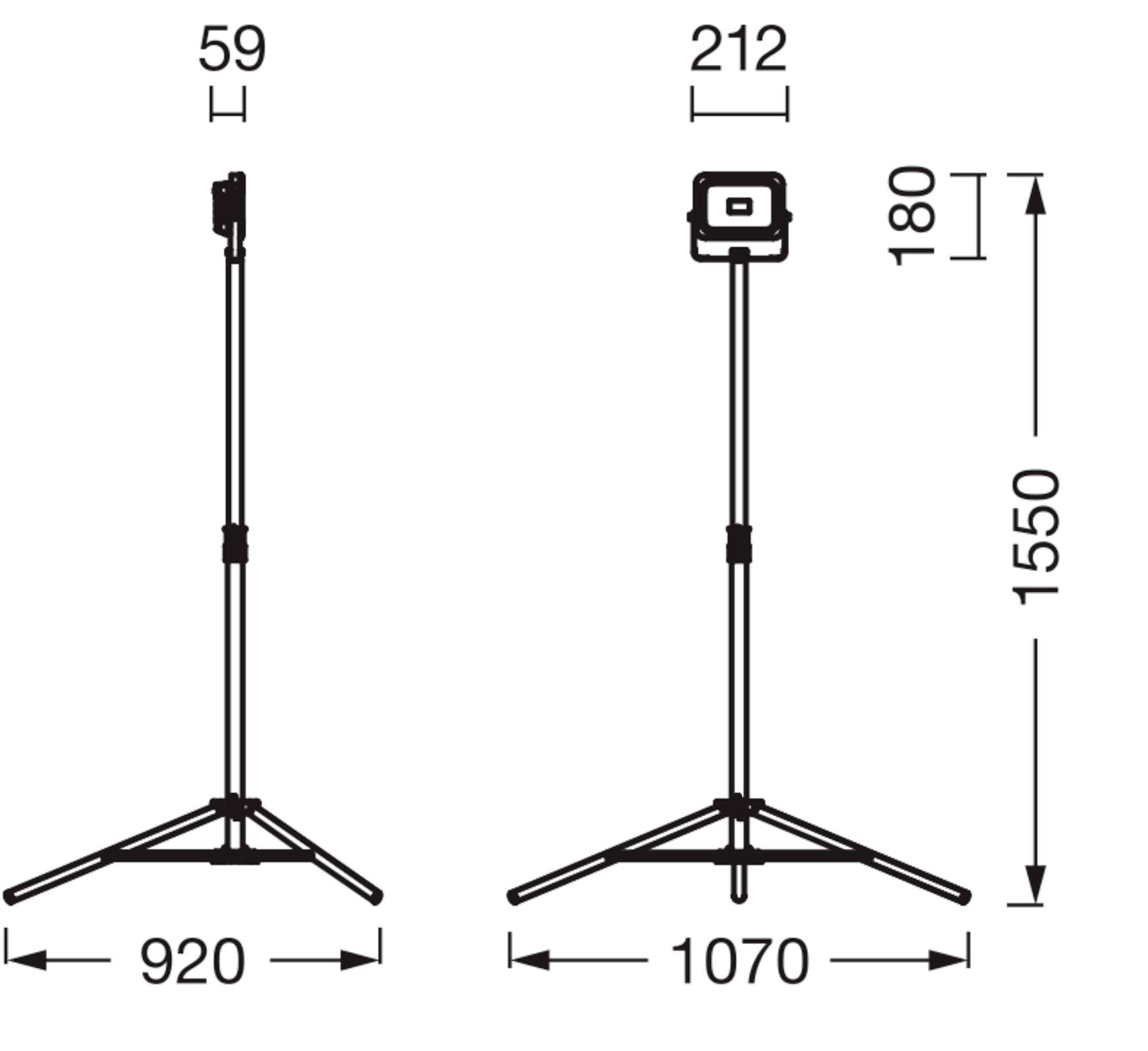 Diagramm eines Stativs mit Maßen: Stativhöhe 1550 mm, Lampenhöhe 180 mm. Basisbreite 920 mm links, 1070 mm rechts.