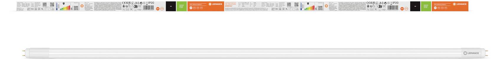 LED-Röhre mit Energieeffizienzklassen-Label. Zeigt Energieverbrauch, Helligkeit und Lichtfarbe.