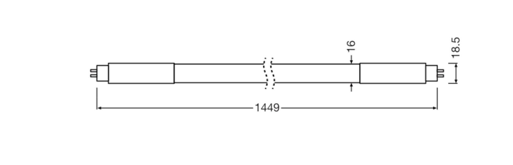 Technische Zeichnung eines länglichen Objekts; Länge 1449 mm, Dicke variiert zwischen 16 mm und 18,5 mm.