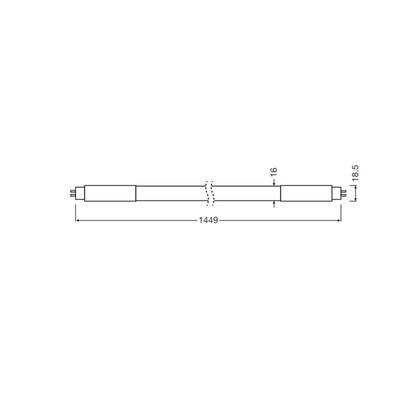 Technische Zeichnung eines länglichen Objekts; Länge 1449 mm, Dicke variiert zwischen 16 mm und 18,5 mm.