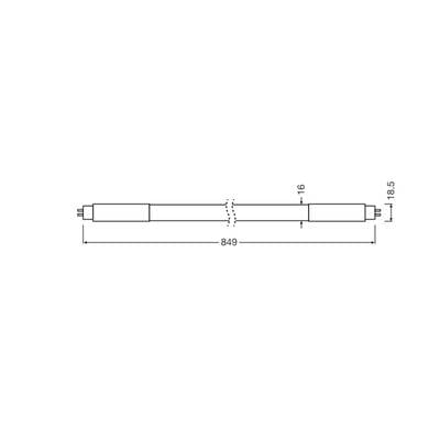 Technische Zeichnung eines zylindrischen Objekts mit einer Gesamtlänge von 849 mm. Maße: 16 mm Durchmesser, 18,5 mm Endabschnitt.