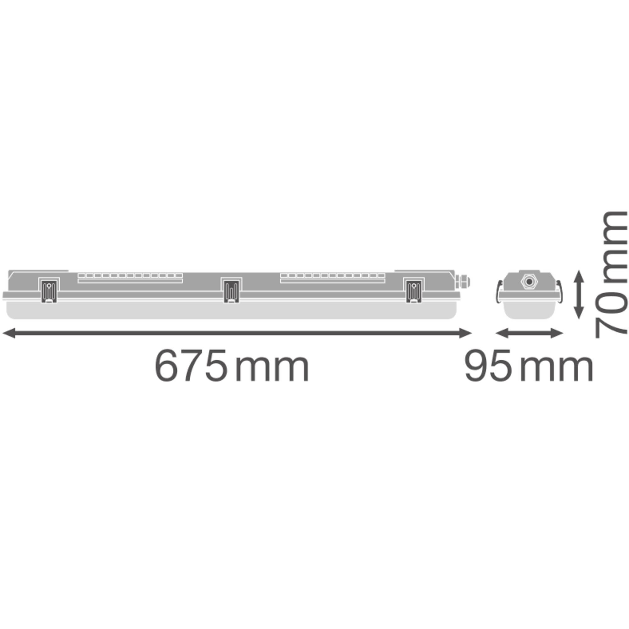Diagramm einer rechteckigen Leuchte mit den Abmessungen: 675 mm Länge, 95 mm Breite, 70 mm Höhe.