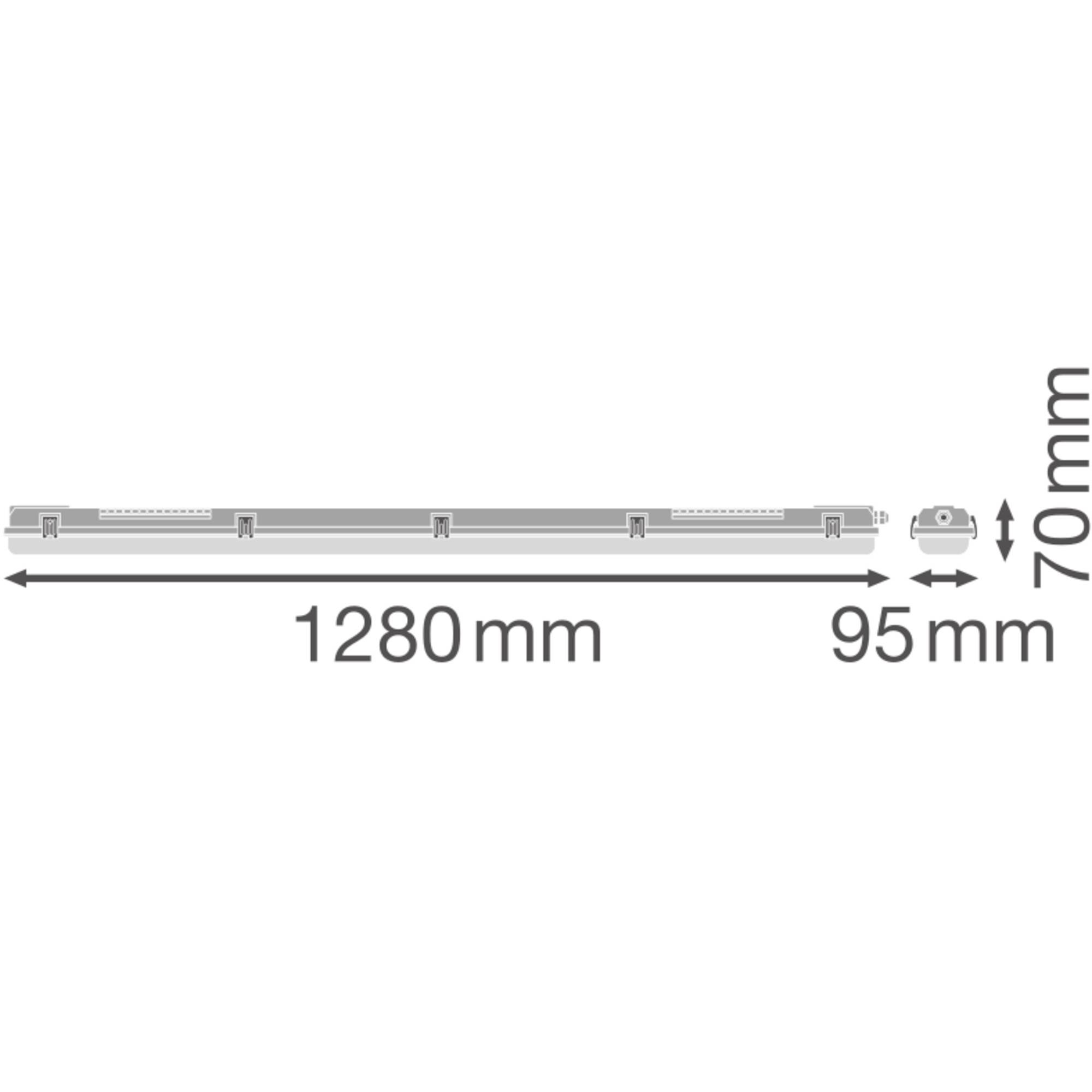 Diagramm einer LED-Leuchte mit den Maßen: Länge 1280 mm, Breite 95 mm, Höhe 70 mm.