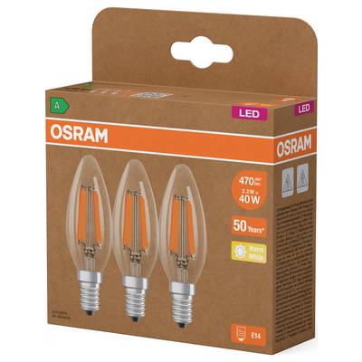 OSRAM LED-Glühbirnenbox mit drei warmweißen E14-Birnen auf der Vorderseite gezeigt; 40-W-Äquivalent, 470 lm, 50.000 Stunden.