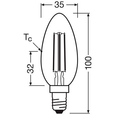 Glühbirne im Schema mit Maßen: Höhe 100mm, Breite 35mm, mit Tc-Markierung auf 32mm, zeigt Aufbau und Abmessungen der Birne.