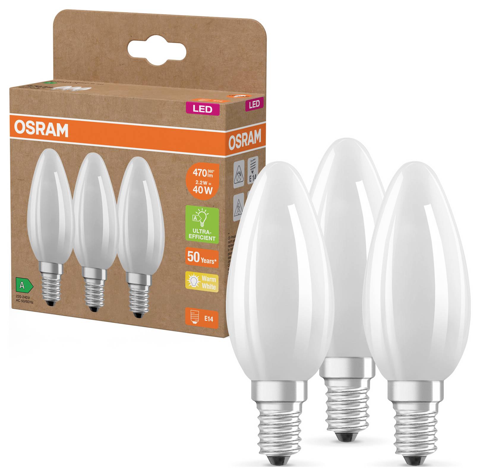 Drei LED-Glühbirnen in Kerzenform mit E14-Fassung neben ihrer Verpackung der Marke Osram. Energiesparend mit 470 Lumen und 40 W Ersatz.