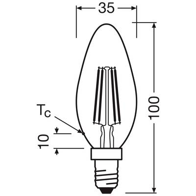 Eine schematische Zeichnung einer Glühbirne mit den Abmessungen 35 mm Durchmesser und 100 mm Länge, sowie Hinweis auf Tc 10 mm.