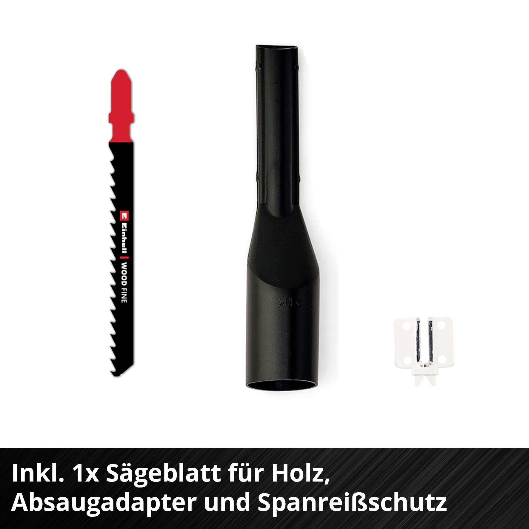 'Inkl. 1x Sägeblatt für Holz, Absaugadapter und Spanaoßschutz.' Ein Bild zeigt ein schwarzes Sägeblatt, einen Adapter und Zubehör.