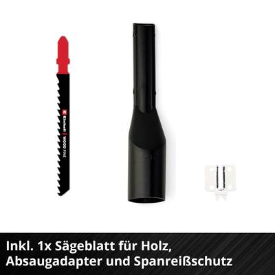 'Inkl. 1x Sägeblatt für Holz, Absaugadapter und Spanaoßschutz.' Ein Bild zeigt ein schwarzes Sägeblatt, einen Adapter und Zubehör.
