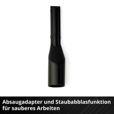 'Absaugadapter und Staubabblasfunktion für sauberes Arbeiten' Beschreibung mit schwarzem Adapter auf weißem Hintergrund.
