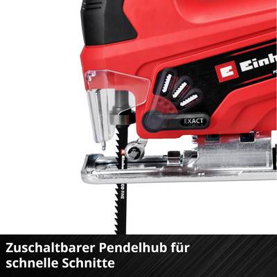 Rote Stichsäge von Einhell mit genauem Schnitt, Bildtext 'Zuschaltbarer Pendelhub für schnellere Schnitte'.