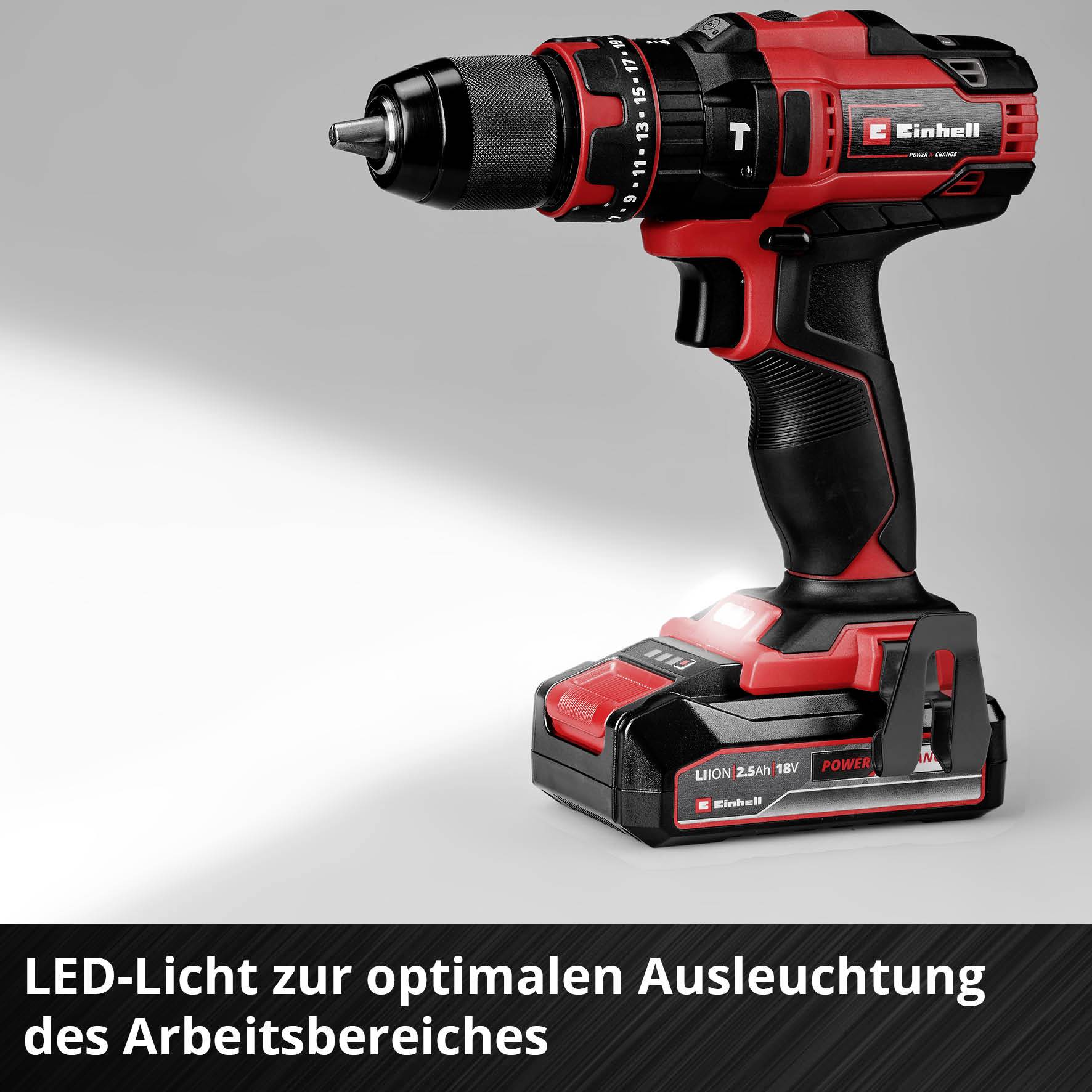 Akkuschrauber mit rotem und schwarzem Design, auf einer Oberfläche platziert. Text: 'LED-Licht zur optimalen Ausleuchtung des Arbeitsbereiches'.