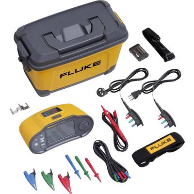 Das Bild zeigt einen Fluke-Werkzeugsatz, bestehend aus einem Prüfgerät, Kabeln mit Klemmen, einem Ladegerät, einer Batterie und Zubehör.