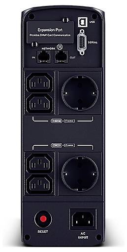 Rückansicht eines USV-Geräts mit mehreren Steckdosen, USB- und Netzwerkanschlüssen, sowie einem Reset-Knopf und Netzschalter unten.