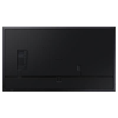 Rückseite eines Fernsehers mit montierbarem Design und verschiedenen Anschlüssen sichtbar. Schwarz gerillte Oberfläche.