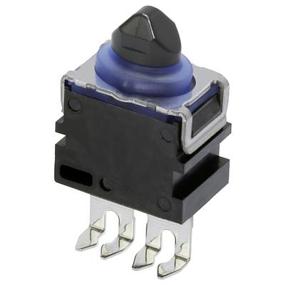 Schwarzer, kippschalterartiger Schalter mit zwei Metallanschlüssen unten, blauem Ring oben, geeignet für elektronische Anwendungen.