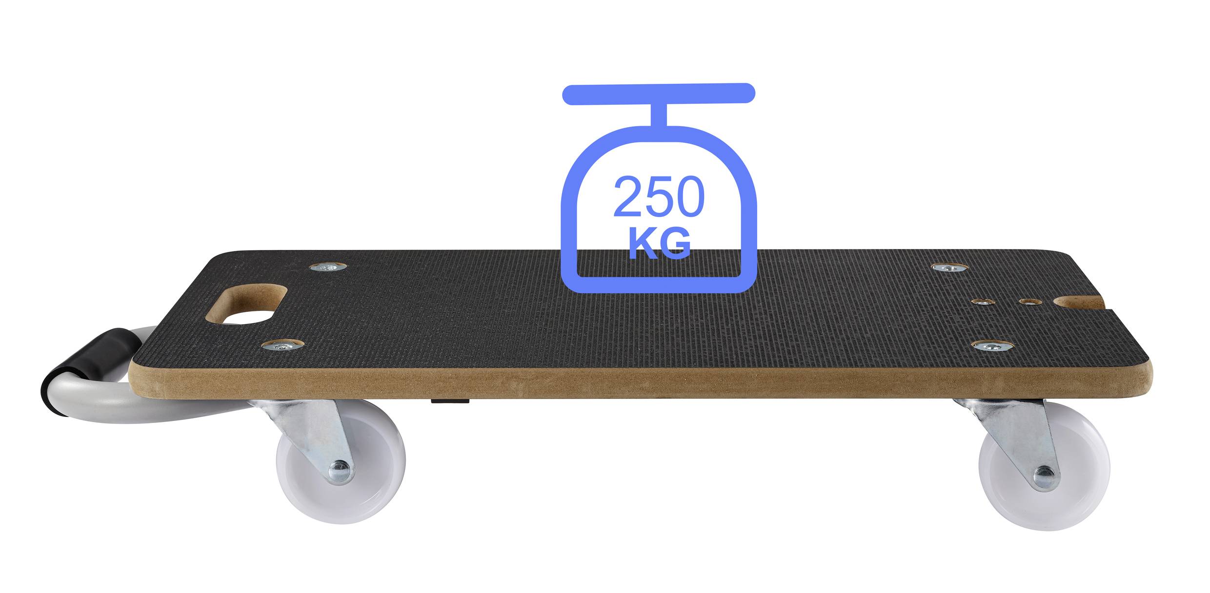 'Transportroller mit vier Rädern, maximaler Belastbarkeit von 250 kg. Schwarze Oberfläche mit zwei Tragegriffen an den Seiten.'