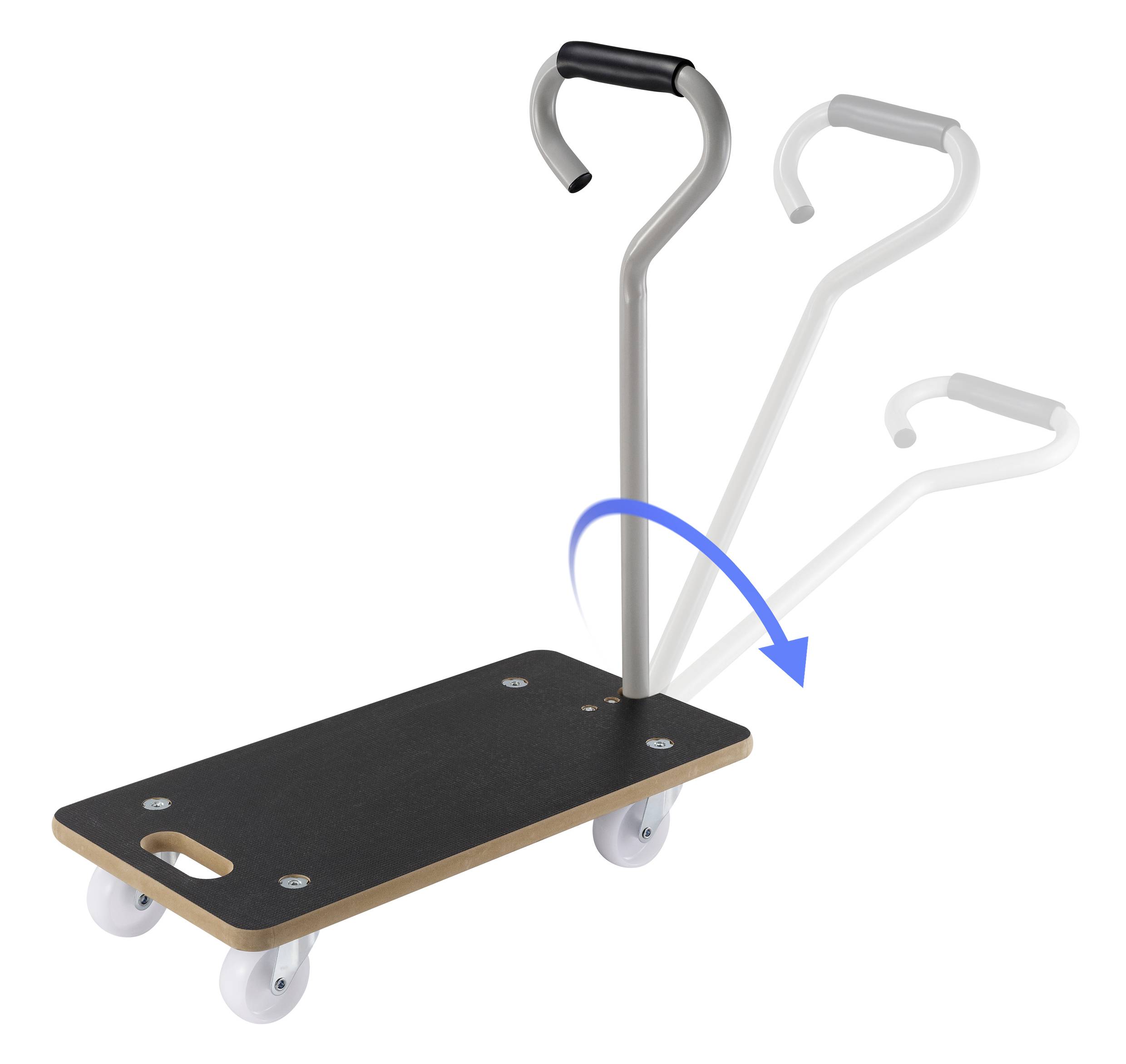 Ein Plattformwagen mit drei Positionen des Griffs: aufrecht, nach vorne geneigt und flach. Pfeil zeigt Richtungswechsel an.