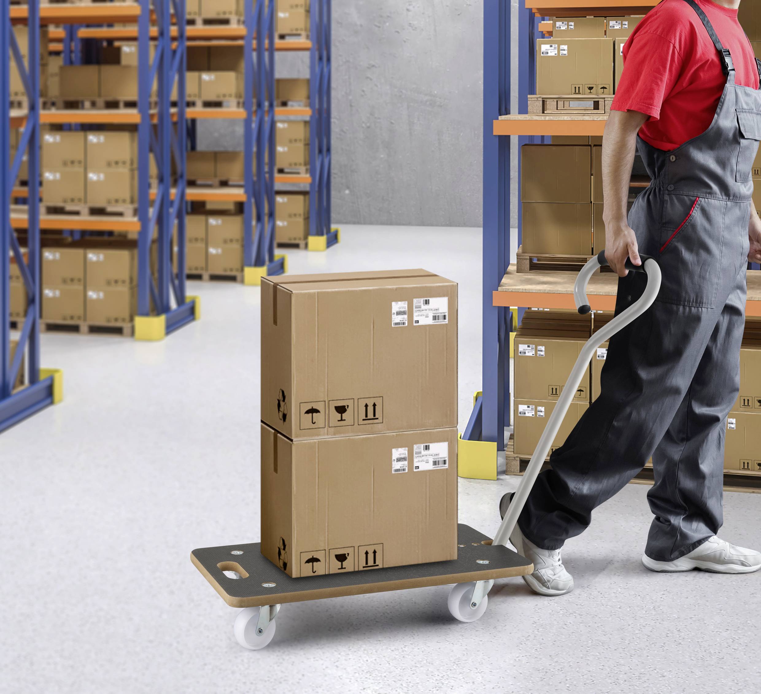 Eine Person in einem Lager zieht einen Wagen mit zwei gestapelten Kartons. Im Hintergrund sind Regale mit weiteren Kartons.