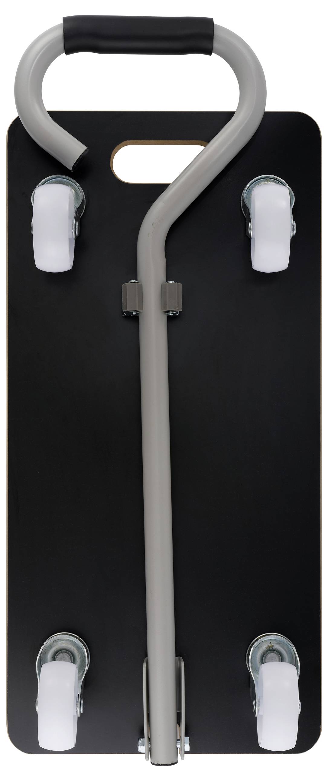 Schwarzer Rollbrettwagen mit silbernem Griff und vier weißen Rollen.