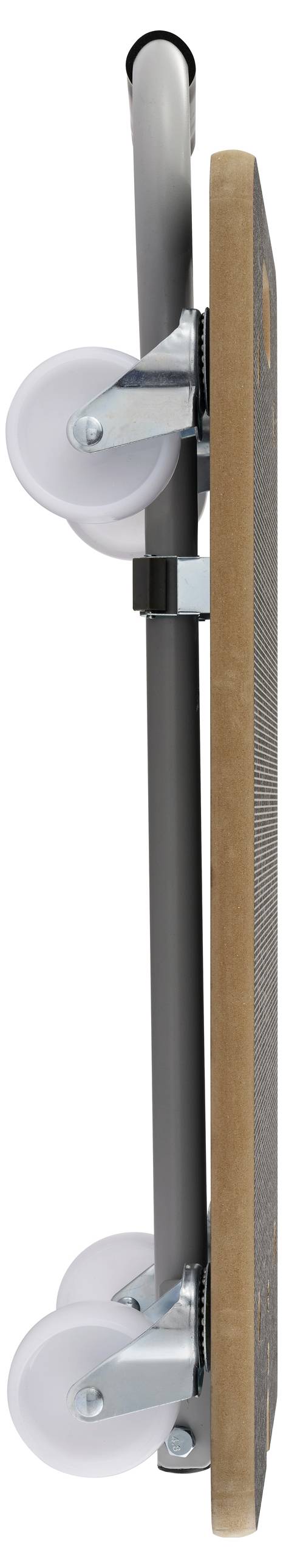 Seitenansicht eines zusammengeklappten Klapptischs mit grauem Gestell und weiß-transparenten Rollen.