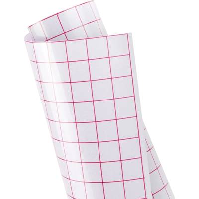 Eine aufgerollte, weiße Folie mit rosa kariertem Muster.