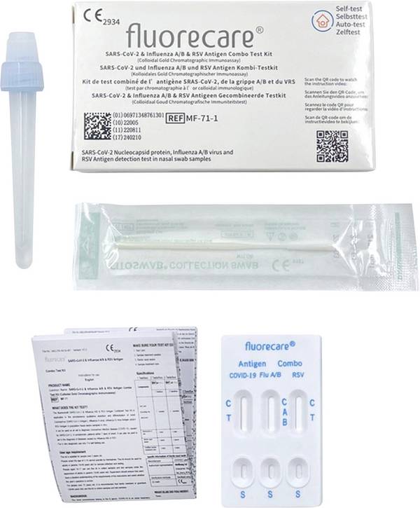Corona-Laientest, Selbsttest für Zuhause fluorecare® CBTL-00215-1/K SARS-CoV-2, Influenza A/B & RSV Combo-Schnelltest 1 St. SARS-CoV-2