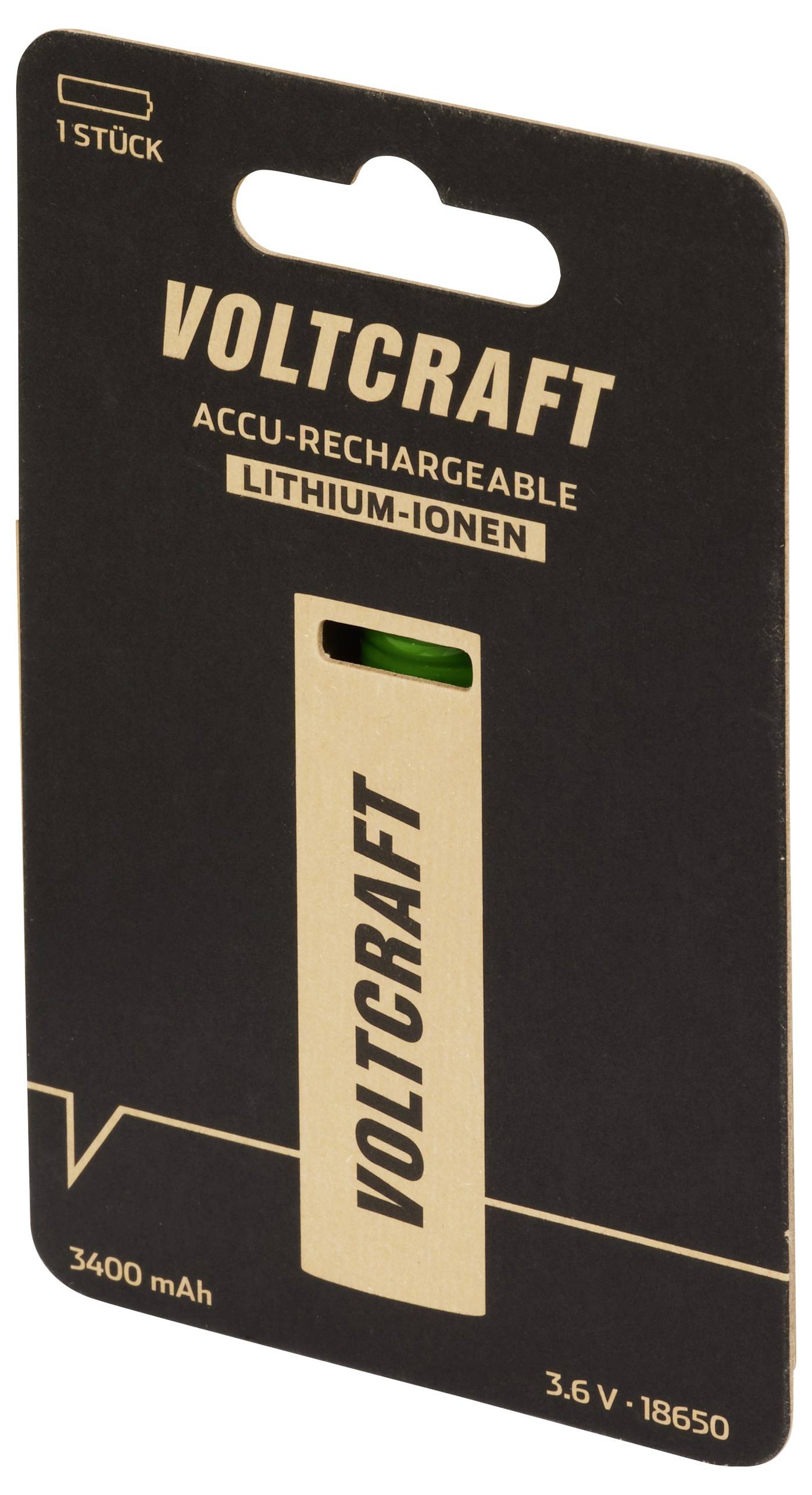 'Voltcraft 18650 Lithium-Ionen Akku, 3400 mAh, 3,6 V, 1 Stück' Verpackung in Schwarz und Gold mit Bild des Akkus auf der Vorderseite.