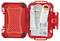 Ein rotes Erste-Hilfe-Set mit Pflaster, Schere, Tuben, Tabletten und Alkoholtupfer, offen zur Anzeige des Inhalts.