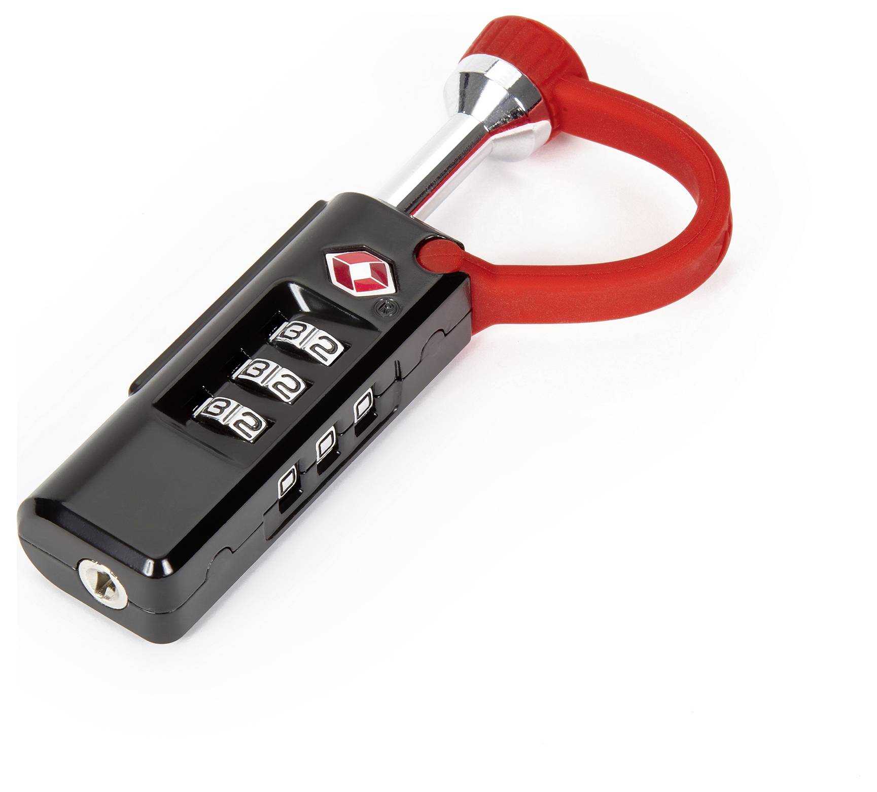 Rotes und schwarzes Zahlenschloss mit drei Zahlenrädern, geeignet für Koffer oder Taschen.