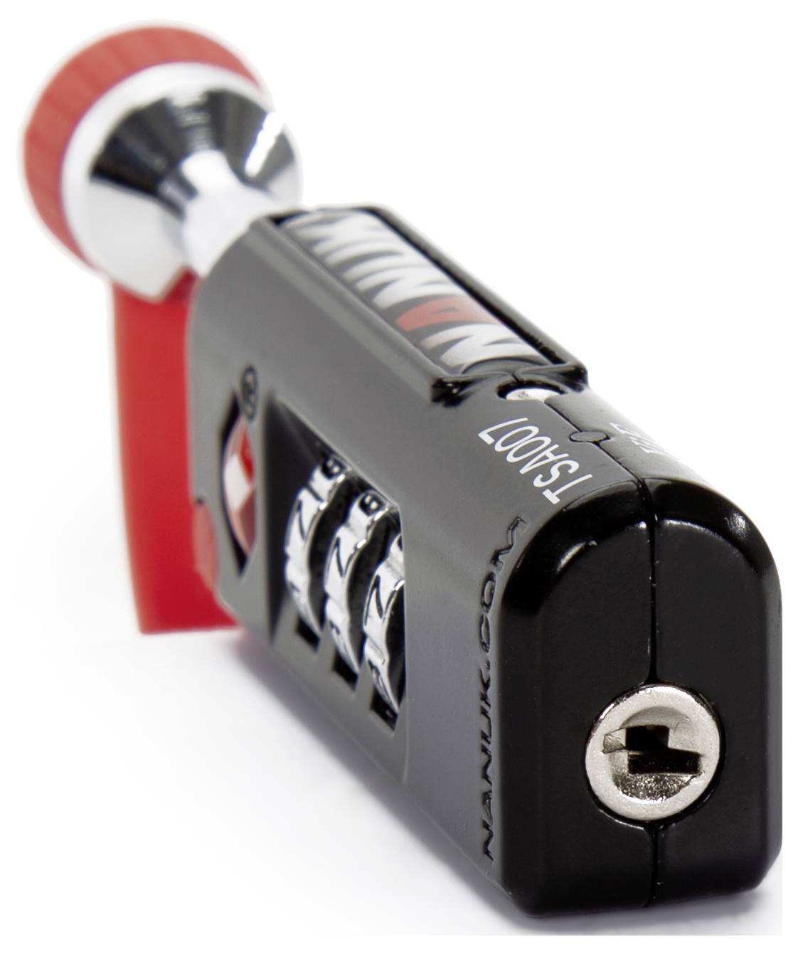 Ein TSA-zertifiziertes schwarzes Zahlenschloss mit rotem Schlaufenkabel für Reisegepäck.