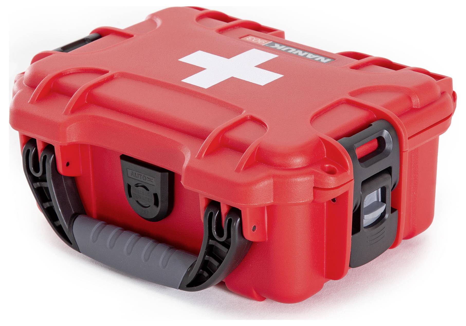 Roter Erste-Hilfe-Koffer mit weißem Kreuz darauf, geeignet für Notfälle.