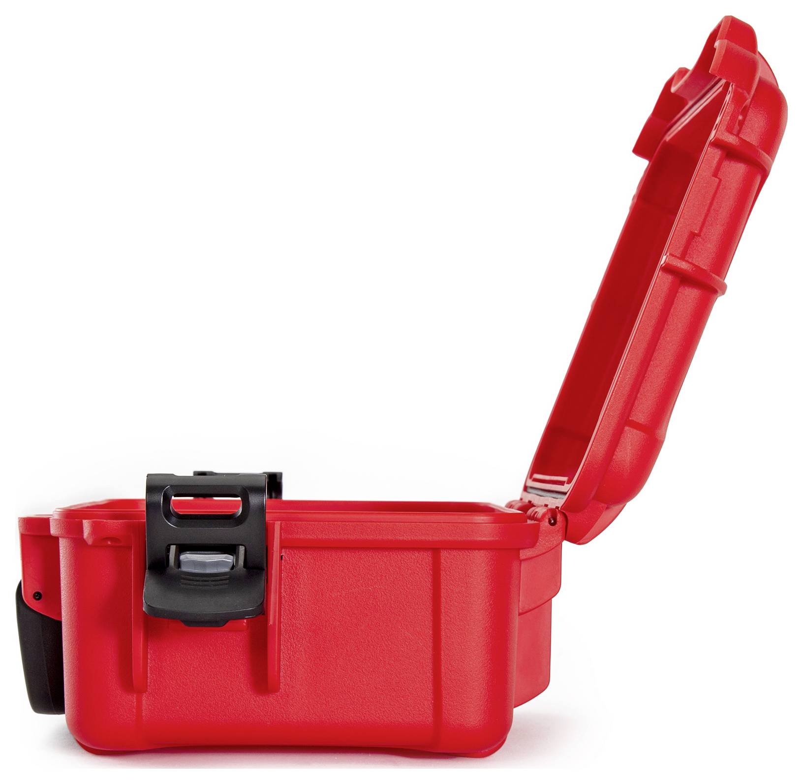 Roter, geöffneter Koffer mit schwarzem Verschluss, seitlich fotografiert.