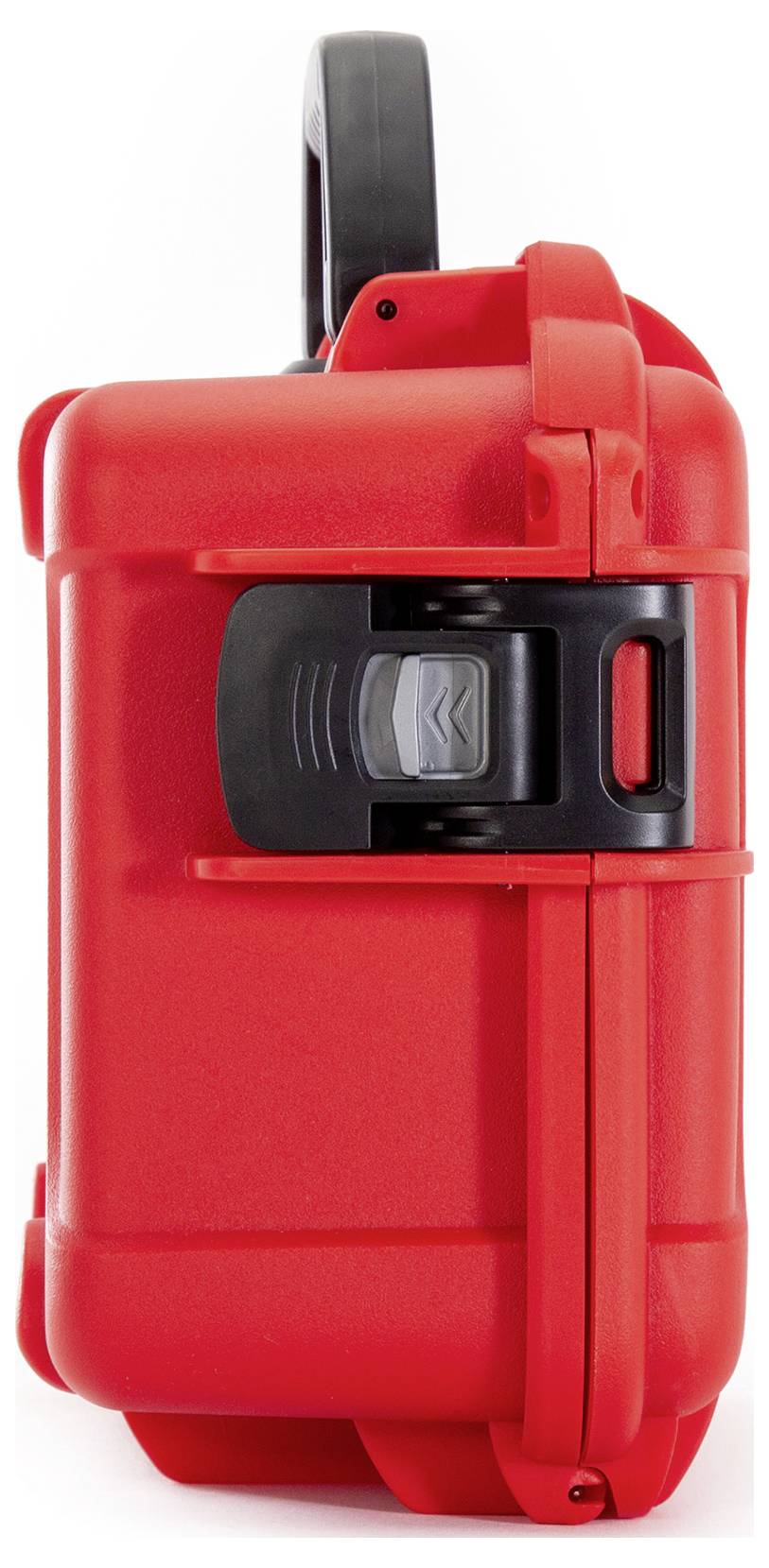 Ein roter, stabiler Koffer mit schwarzem Griff und Verschluss, geeignet für den Schutz empfindlicher Ausrüstung.