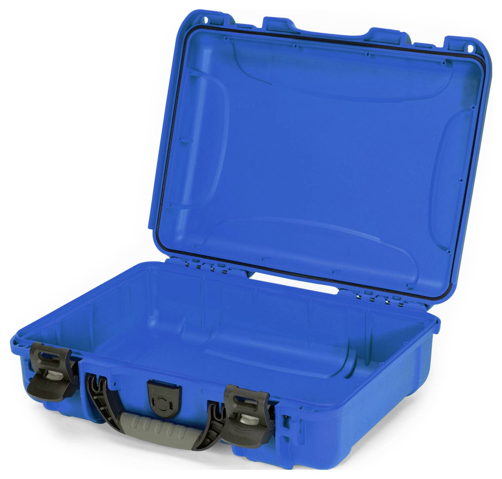 Ein offener, blauer Hartschalenkoffer mit verstärkten Ecken und schwarzem Tragegriff. Ideal für Transport und Schutz sensibler Gegenstände.