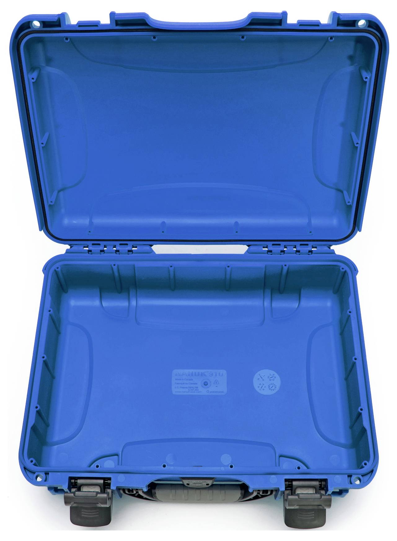 Geöffneter blauer Schutzkoffer mit Fächern, geeignet für den sicheren Transport empfindlicher Ausrüstung.