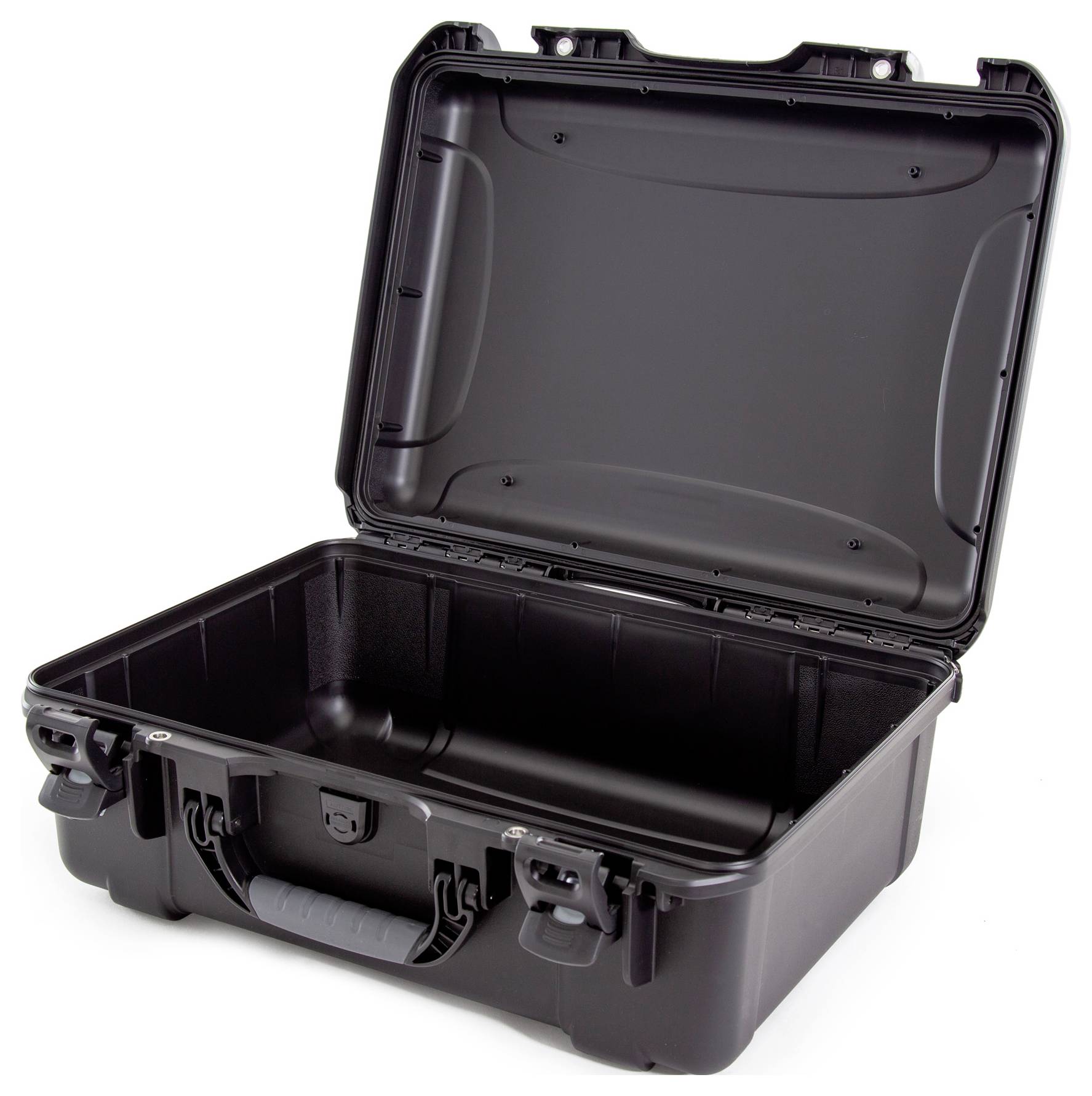 Schwarzer, geöffneter Hartschalenkoffer mit robustem Griff, geeignet für den sicheren Transport und Schutz von empfindlichen Gegenständen.