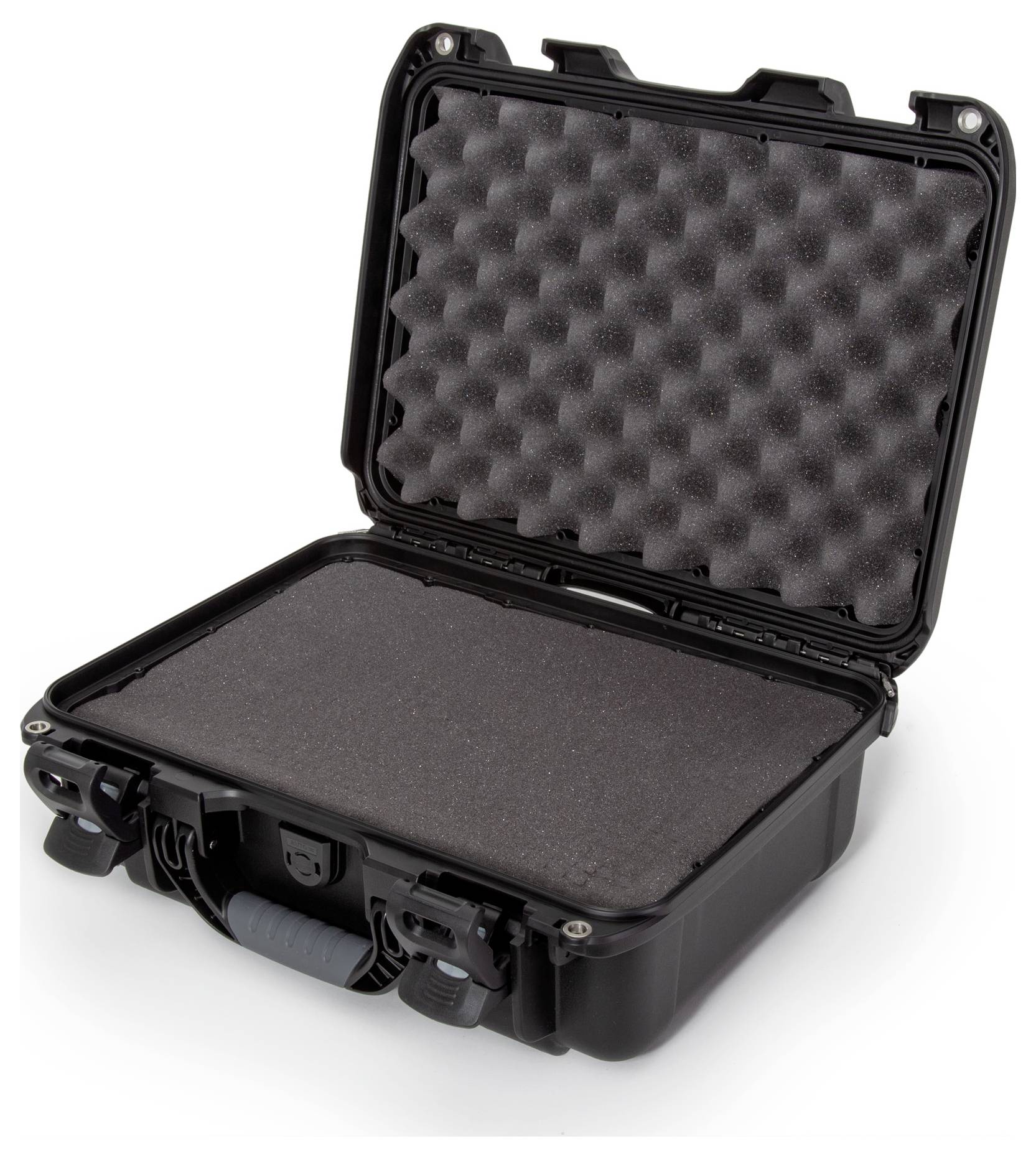 Ein schwarzer, offener Hartschalenkoffer mit Schaumstoffpolsterung. Ideal für sicheren Transport empfindlicher Ausrüstung.