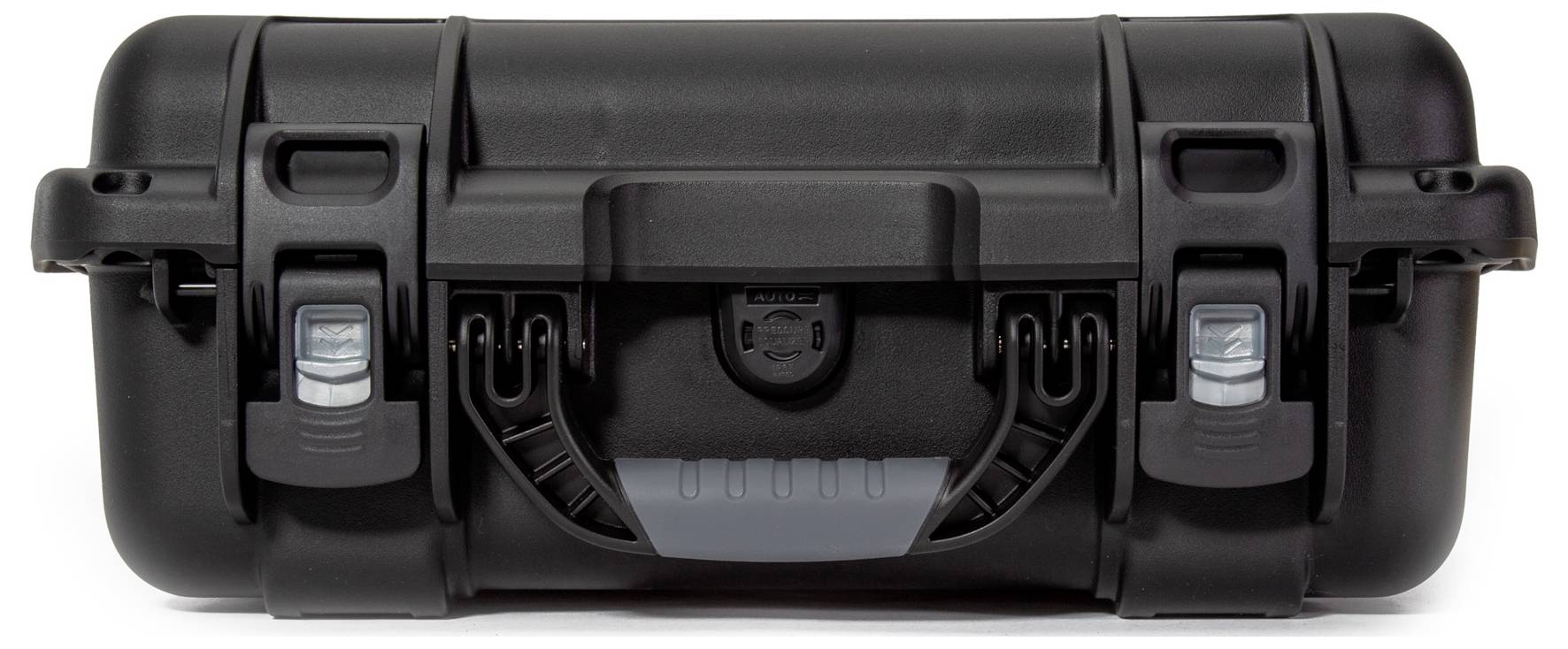 Schwarzer, robuster Schutzkoffer mit vier Verschlüssen, ideal für den sicheren Transport empfindlicher Ausrüstung.