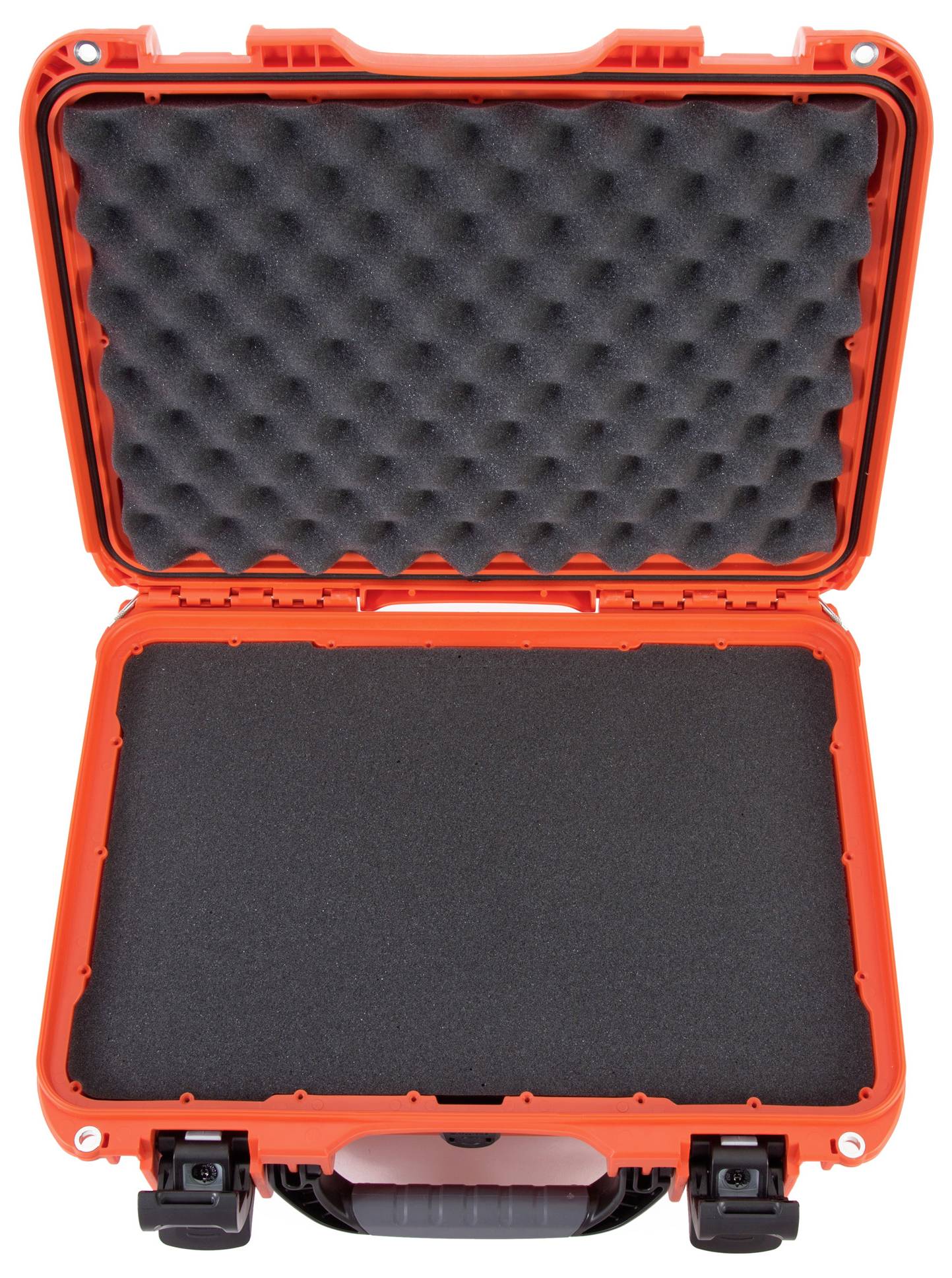 Ein offener, orangefarbener Schutzkoffer mit schwarzem Schaumstoffpolsterung, geeignet zum sicheren Transport empfindlicher Gegenstände.