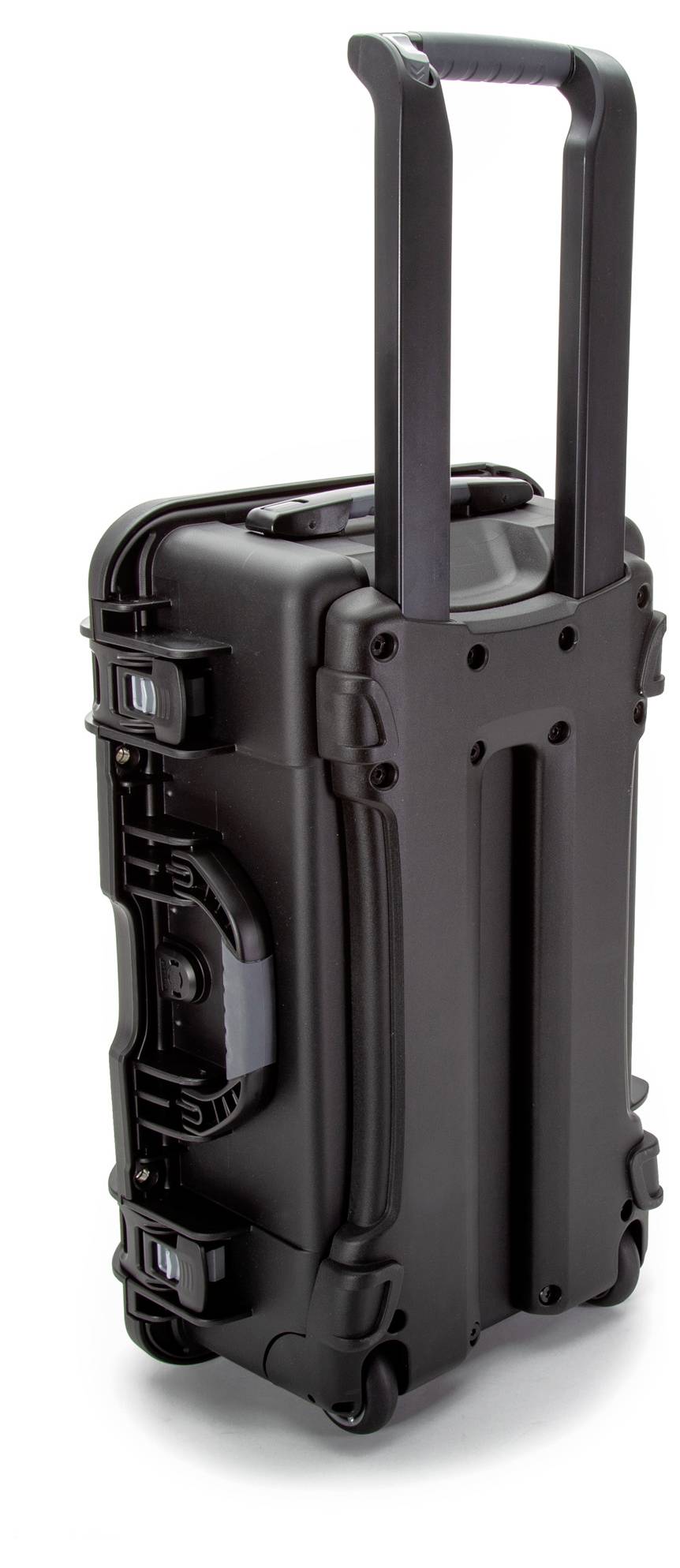 'Schwarzer Hartschalenkoffer mit Griff und Rollen, aufrecht stehend.'