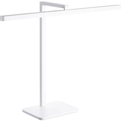 Eine moderne, minimalistische weiße Tischlampe mit einem flachen, horizontalen Arm und rechteckigem Sockel.