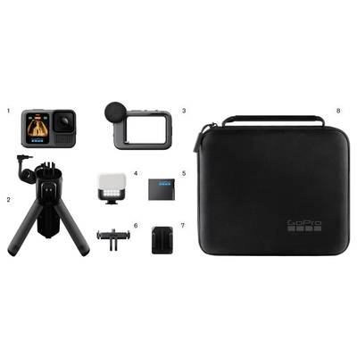 GoPro-Kamera mit Zubehör: 1. Kamera, 2. Stativ, 3. Gehäuse, 4. Licht, 5. Akku, 6. Klammer, 7. Halterung, 8. Tragetasche.